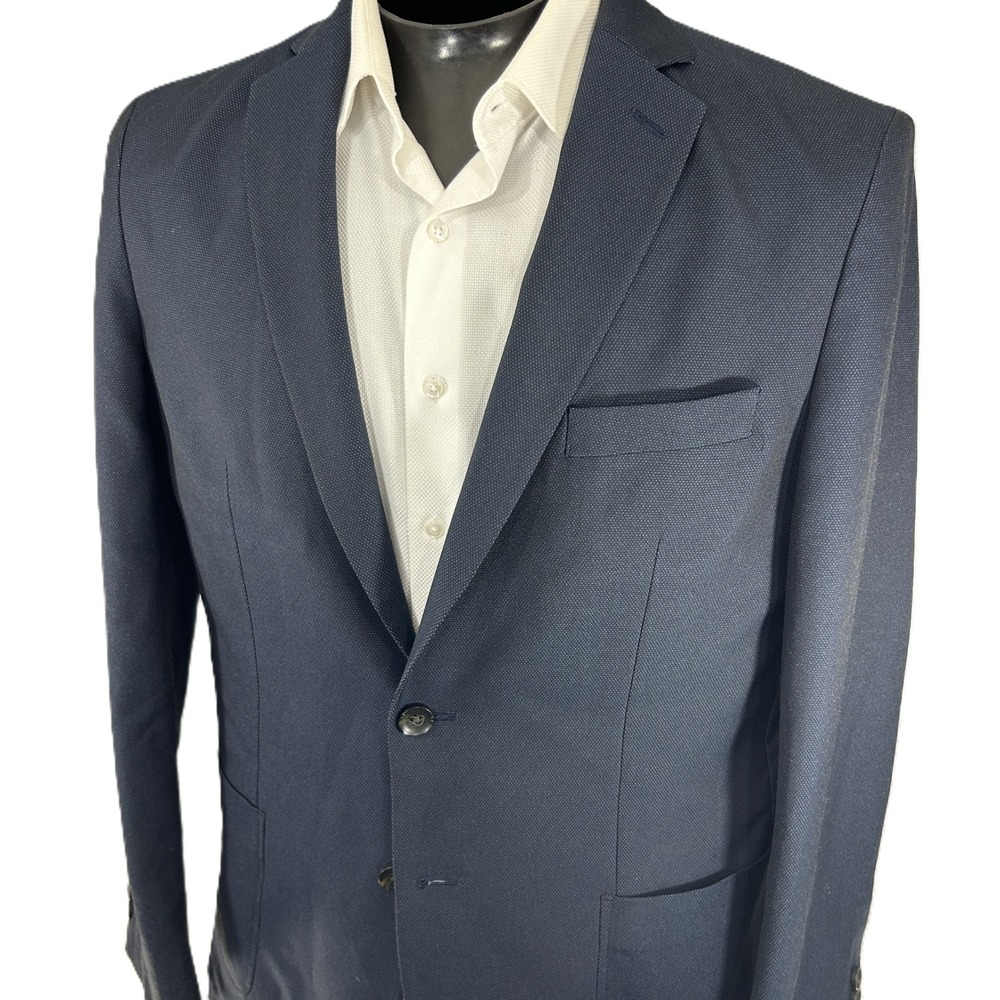 Haggar H26 Park Blazer Men Large Navy Blue Slim Tailored Fit Textured Sport Coat